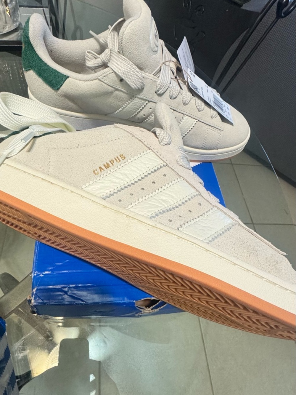 adidas Campus Suede Sneakers in Off-White with Green Heel and Gum Sole
